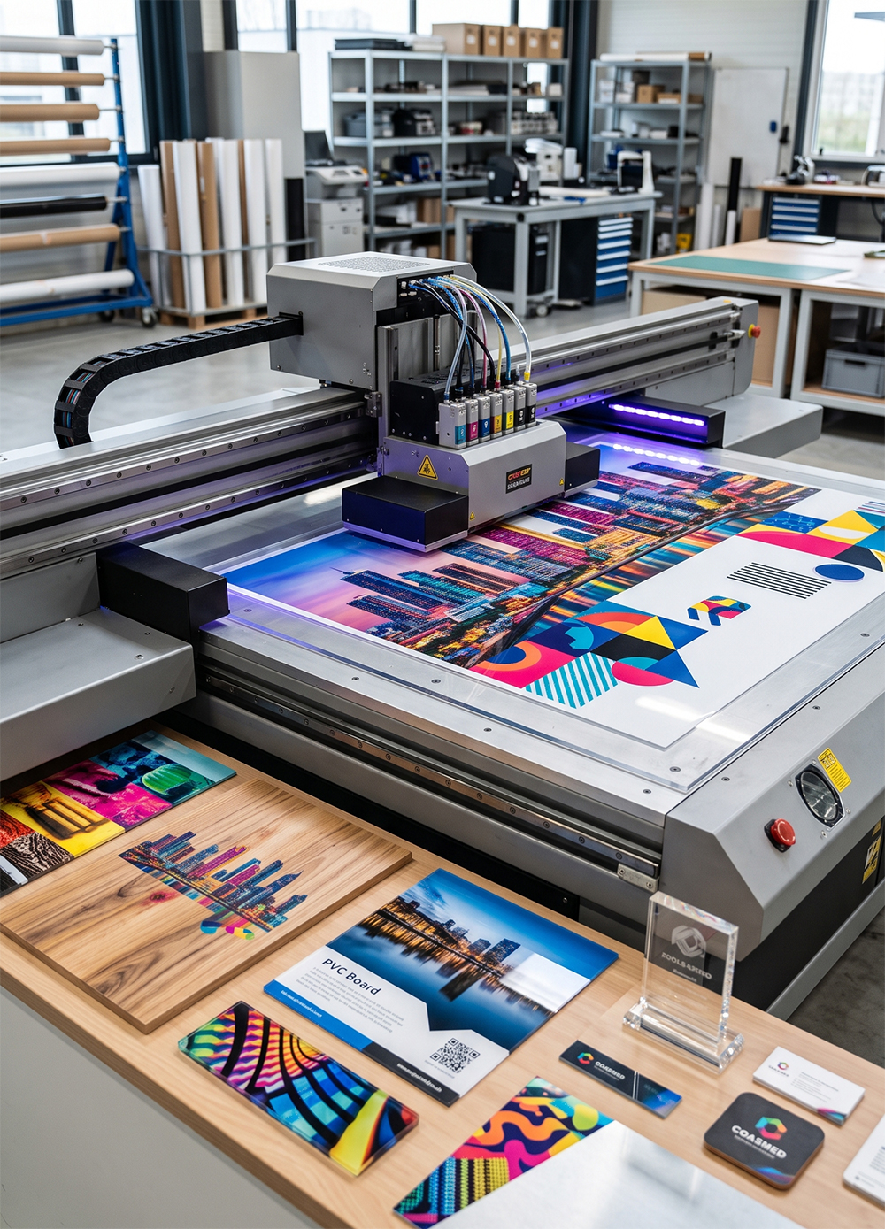 UV flatbed printer producing signage panel at Jasha Solutions' in-house facility in Doha, Qatar